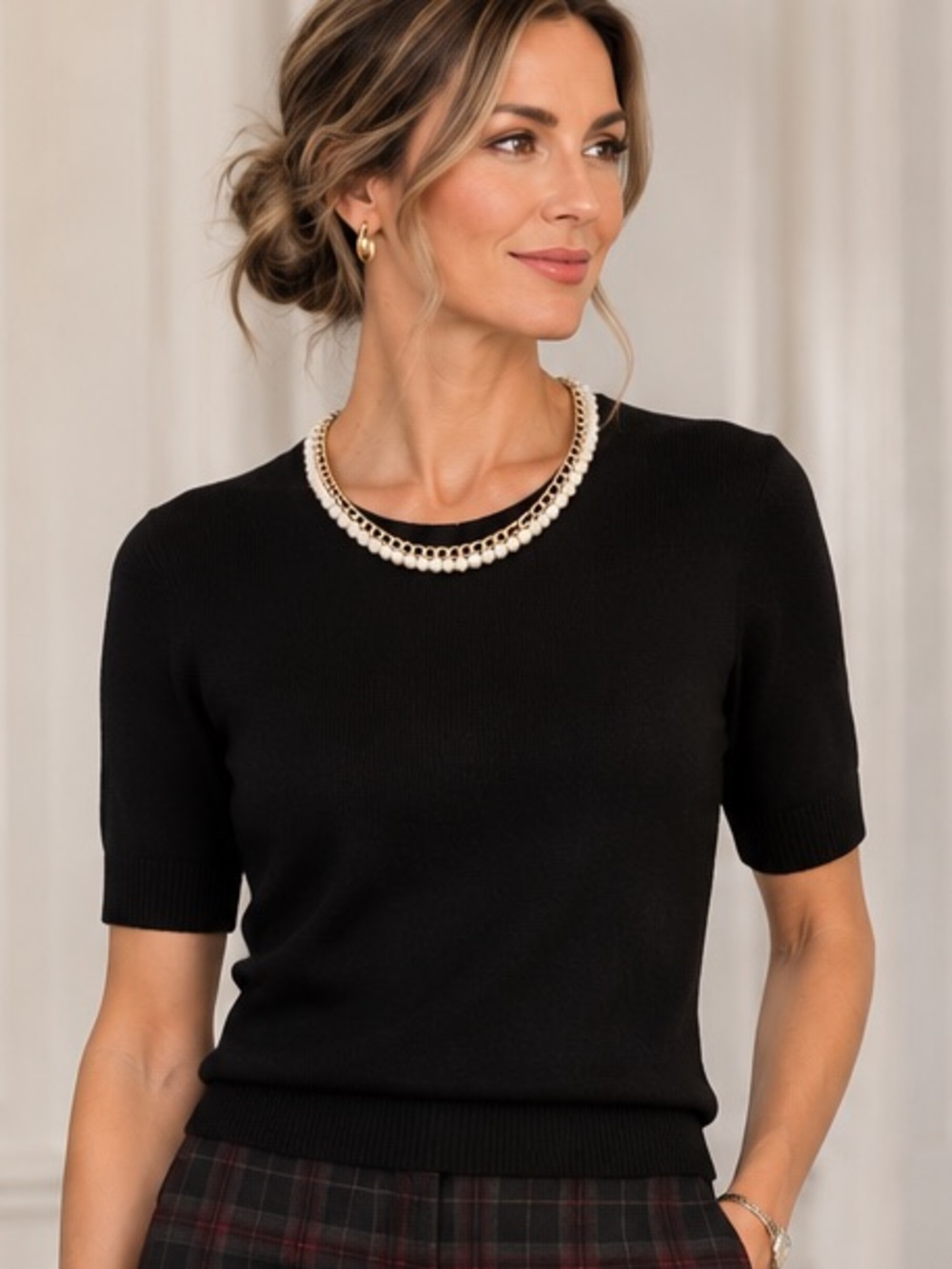 Karl Lagerfeld Black Short-Sleeve Sweater with Pearl and Chain Detail